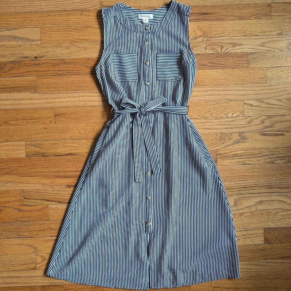 Navy and White Striped Belted Midi Sleeveless Dress with Pockets Monteau Small